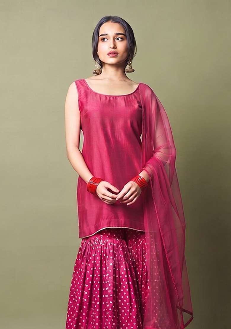Light Magenta Embroidered Crepe Sharara Set - Indya
