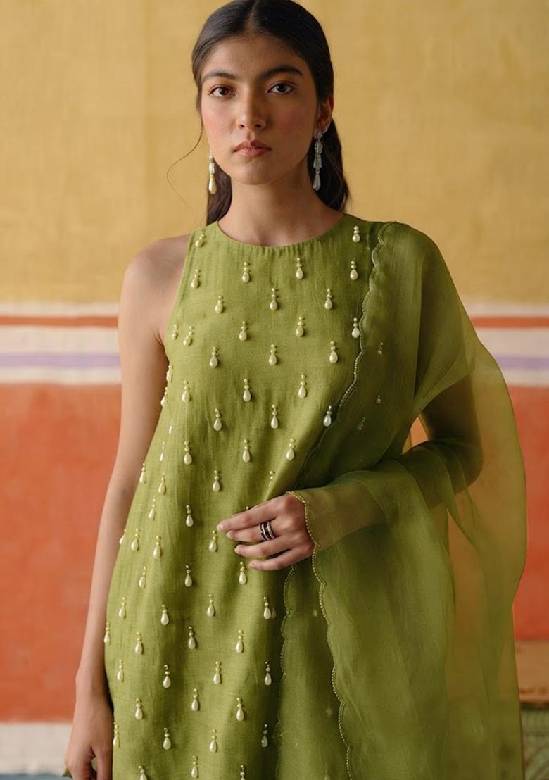 Olive Embellished Kurta Set - Indya