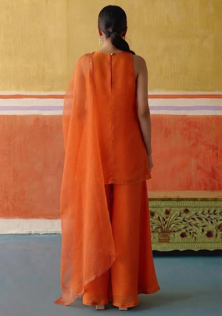 Orange Embellished Kurta Set - Indya