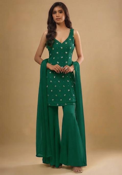 Forest Green Embellished Sharara Set