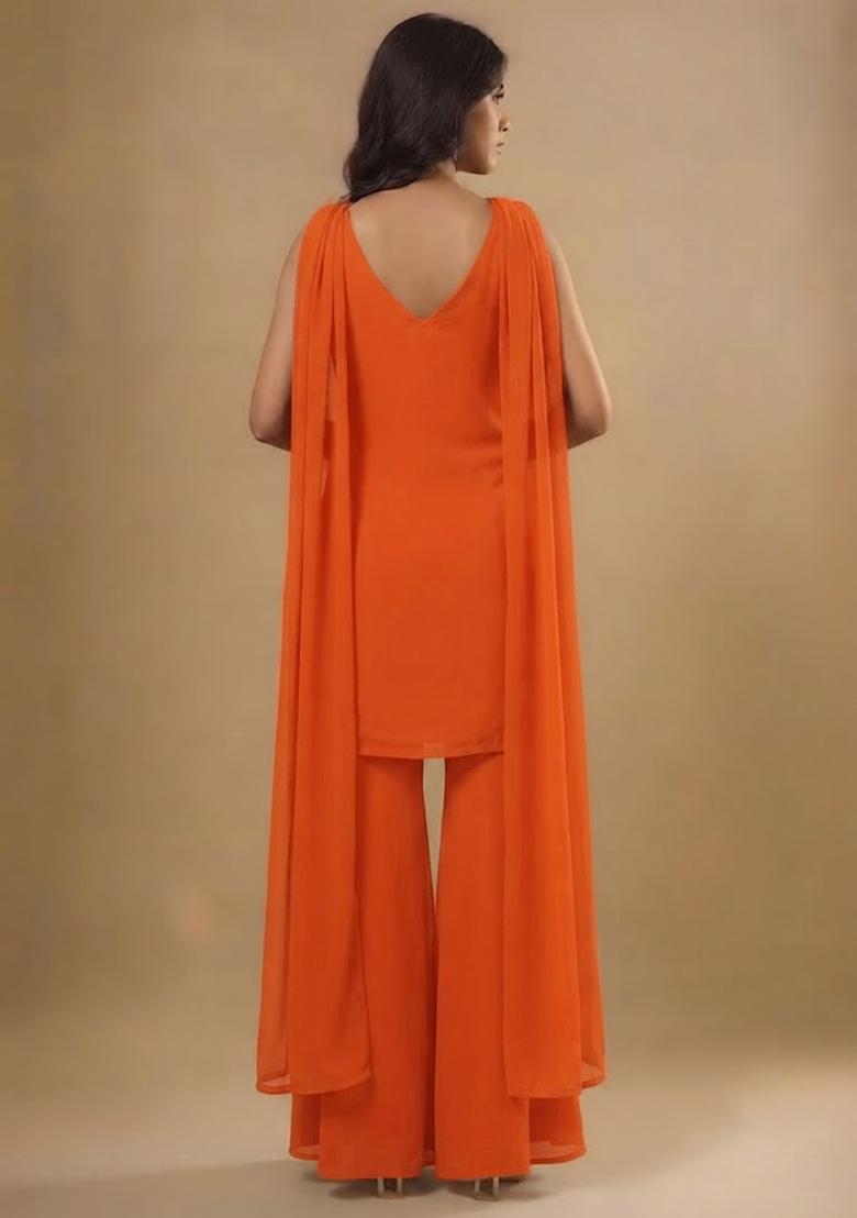 Rust Orange Sequin Sharara Set - Indya