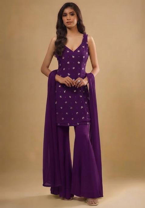 Deep Purple Embellished Sharara Set