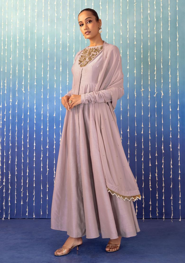 Lilac Hand Work Anarkali Set - Indya