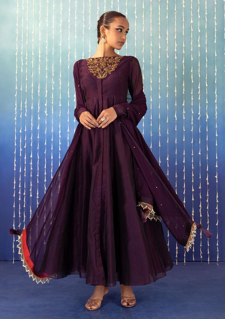 Purple Hand Work Anarkali Set - Indya