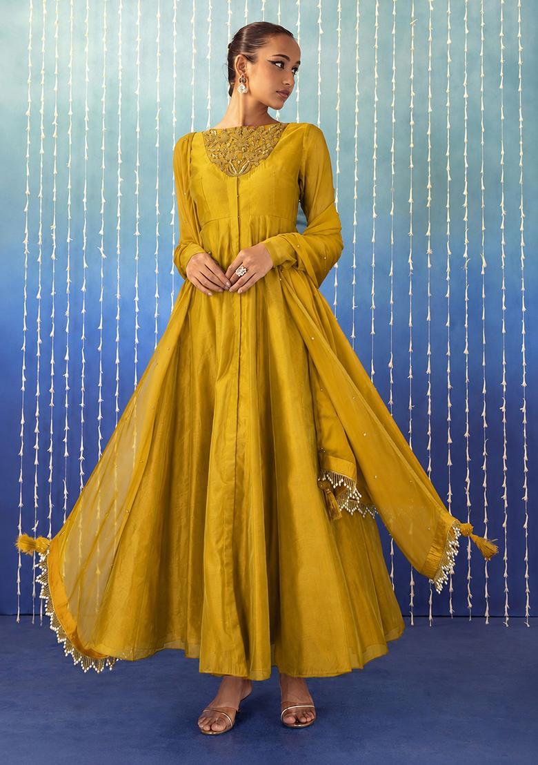 Golden Yellow Hand Work Anarkali Set - Indya