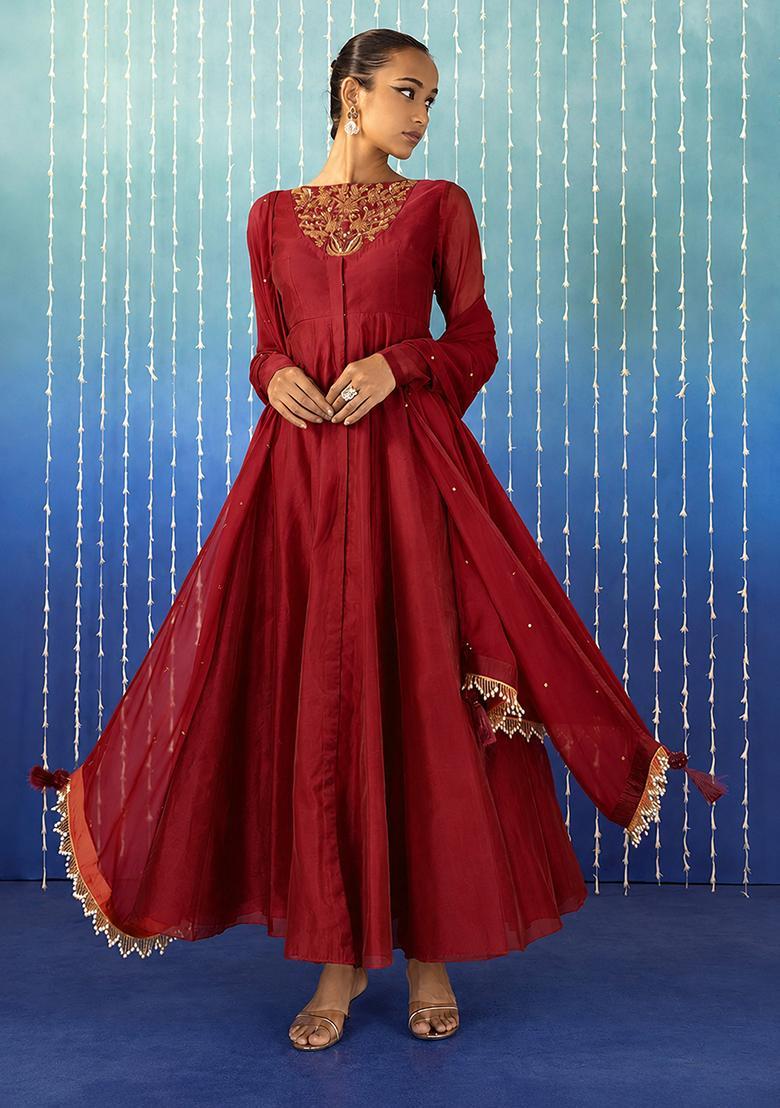 Reddish Brown Hand Work Anarkali Set - Indya