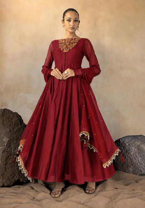 Reddish Brown Hand Work Anarkali Set