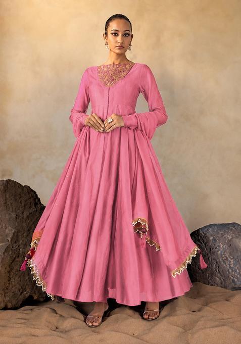 Onion Pink Hand Work Anarkali Set