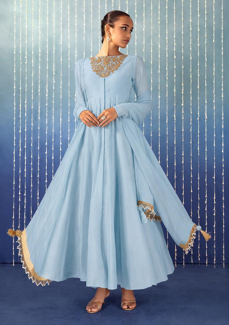 Baby Blue Hand Work Anarkali Set - Indya