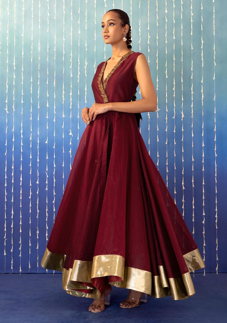 Maroon Hand Work Anarkali Set - Indya