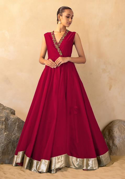 Red Hand Work Anarkali Set