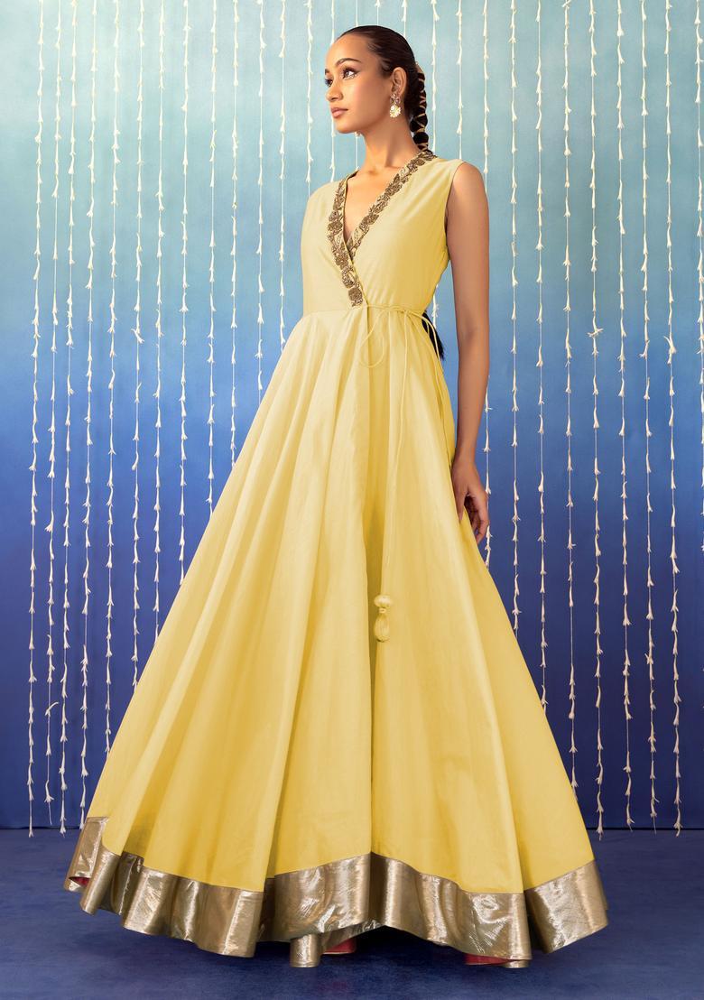 Pastel Yellow Hand Work Anarkali Set - Indya