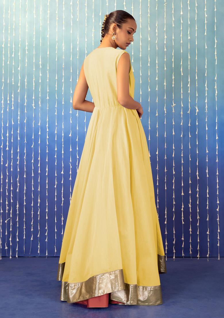 Pastel Yellow Hand Work Anarkali Set - Indya