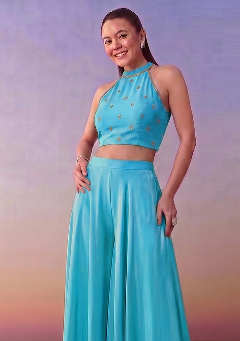 Sky Blue Handwork Fusion Set - Indya