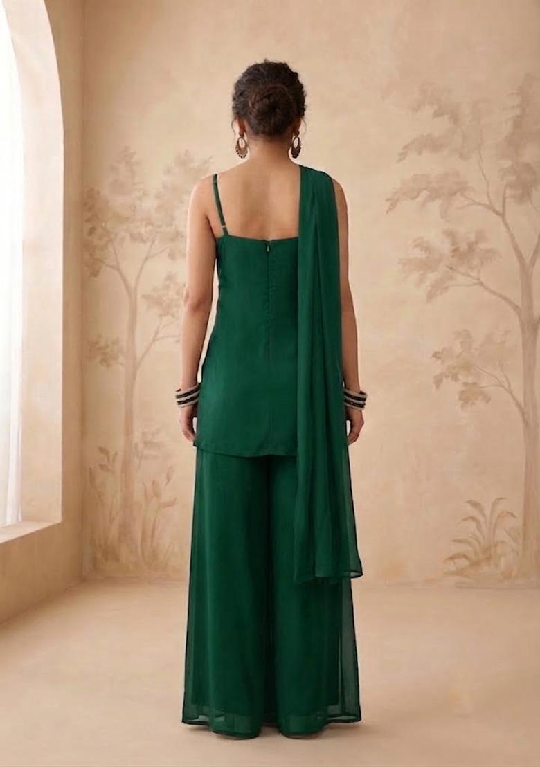 Dark Green Handwork Sharara Set - Indya
