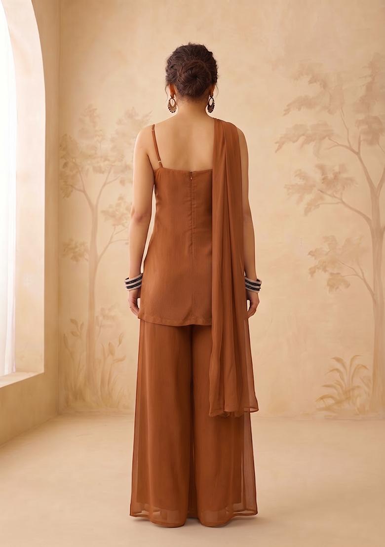 Rust Orange Handwork Sharara Set - Indya