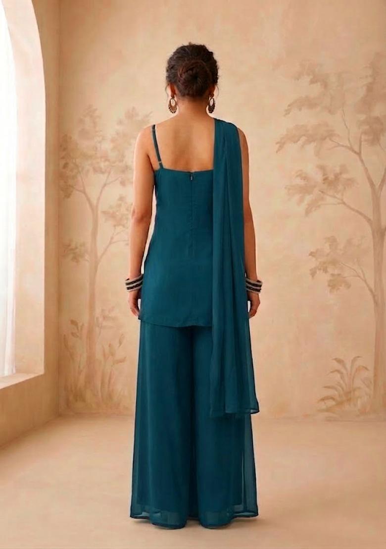Teal Green Handwork Sharara Set - Indya