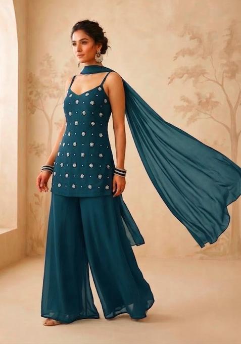 Teal Green Handwork Sharara Set