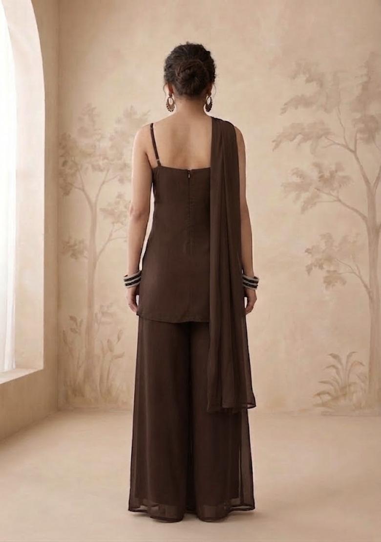 Chocolate Brown Handwork Sharara Set - Indya