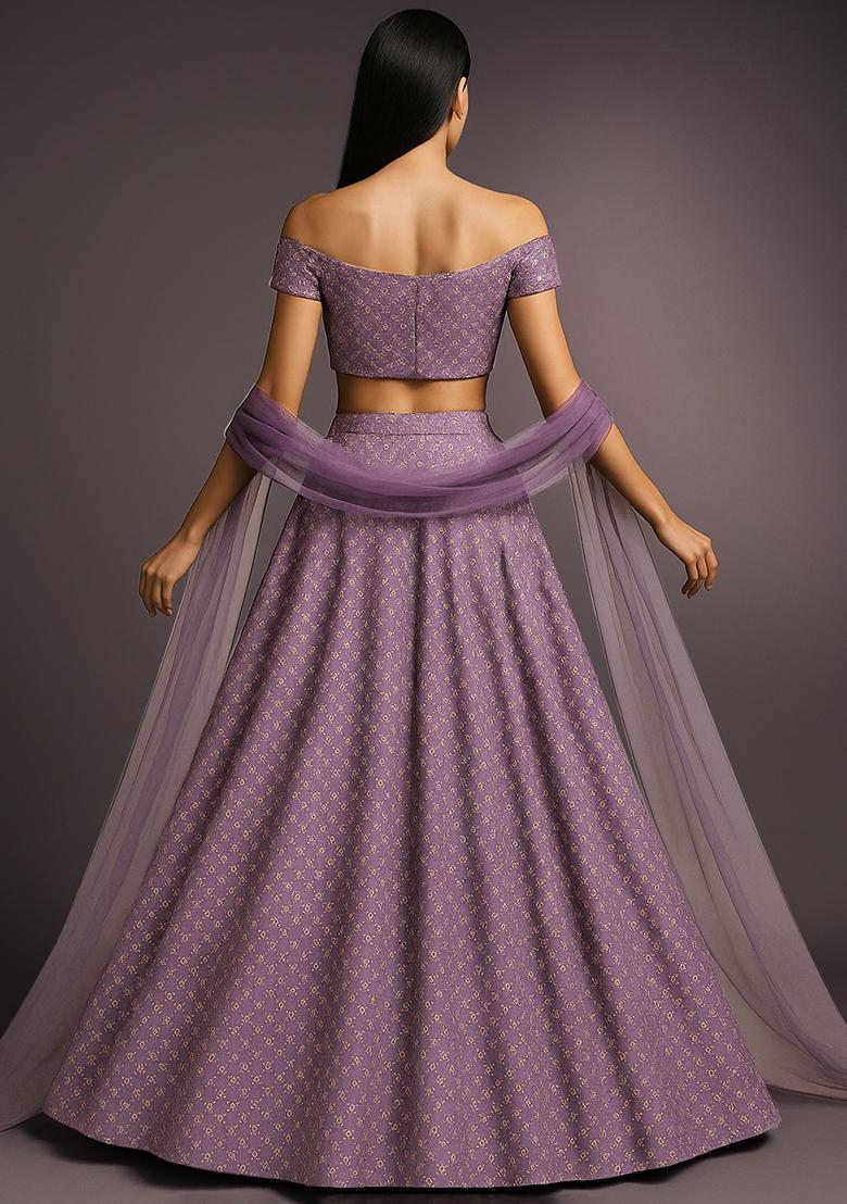 Lavender Embroidered Net Lehenga Set - Indya