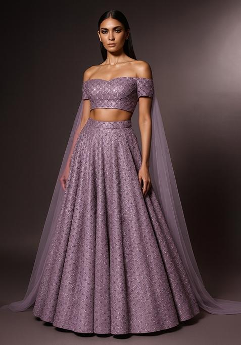 Lavender Embroidered Net Lehenga Set