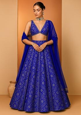 Blue Solid Brocade Lehenga Set