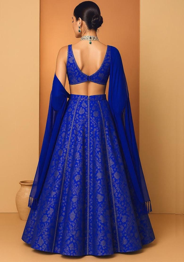 Blue Solid Brocade Lehenga Set - Indya