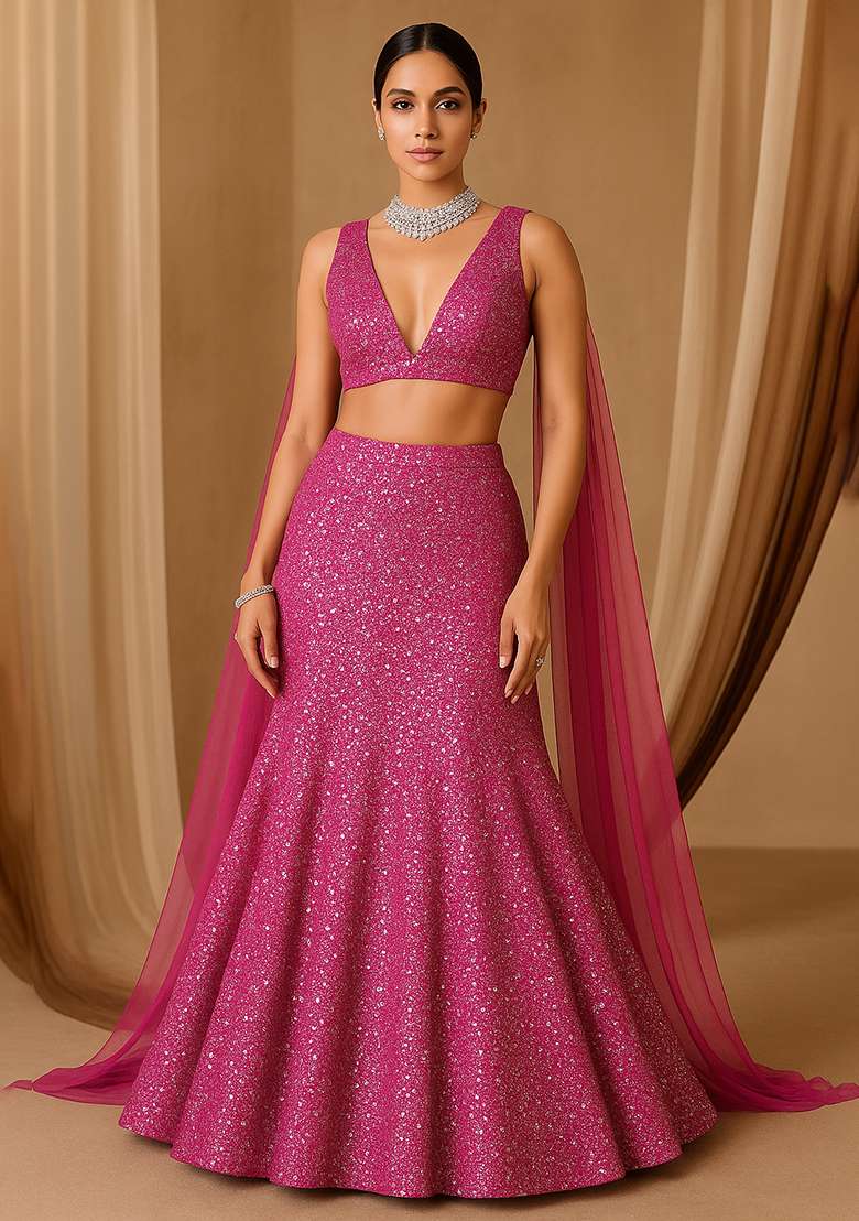 Pink Sequin Embroidered Cotton Lehenga Set - Indya