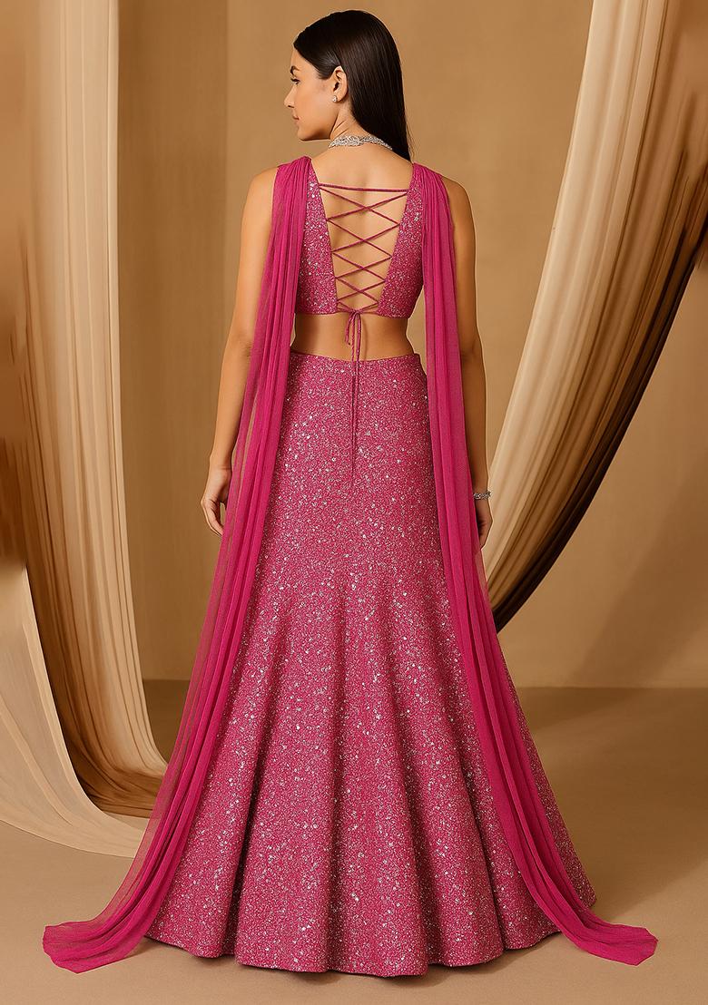 Pink Printed Embroidered Cotton Lehenga Set - Indya