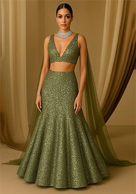 Green Sequin Work Crinkle Knitted Lehenga Set
