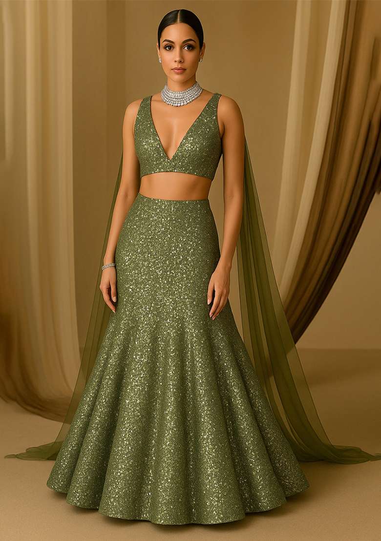 Green Sequin Work Crinkle Knitted Lehenga Set - Indya