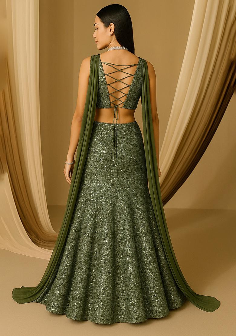 Green Sequin Work Crinkle Knitted Lehenga Set - Indya
