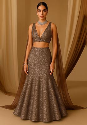 Grey Sequin Work Georgette Lehenga Set
