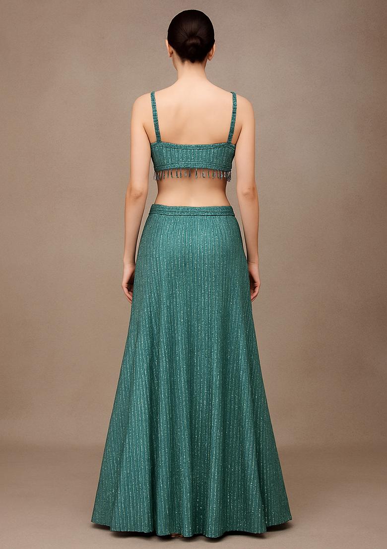 Powder Blue Embroidered Net Lehenga Set - Indya