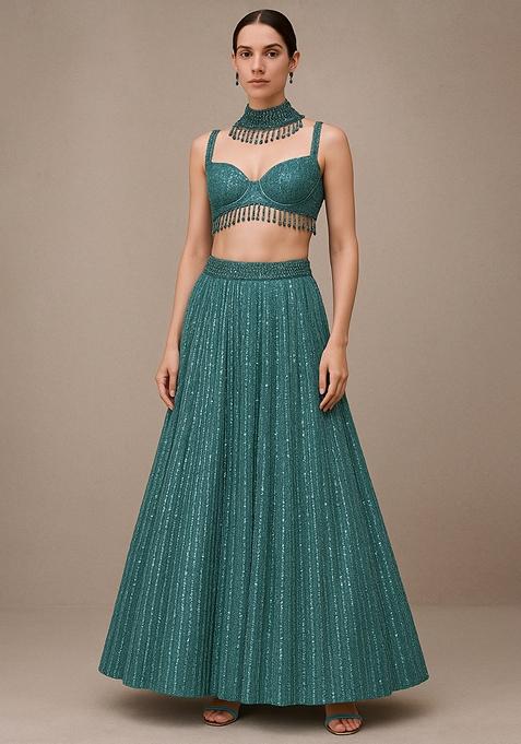 Powder Blue Embroidered Net Lehenga Set
