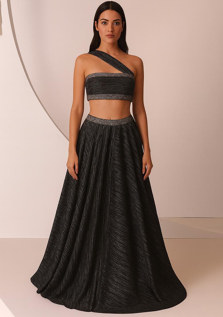 Black Foil Printed Knit Lehenga Set
