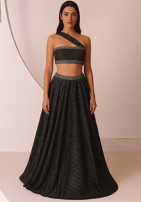 Black Foil Printed Knit Lehenga Set