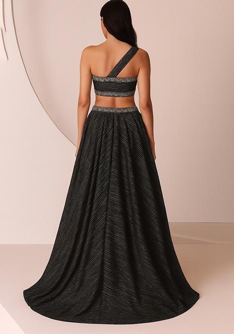 Black Foil Printed Knit Lehenga Set