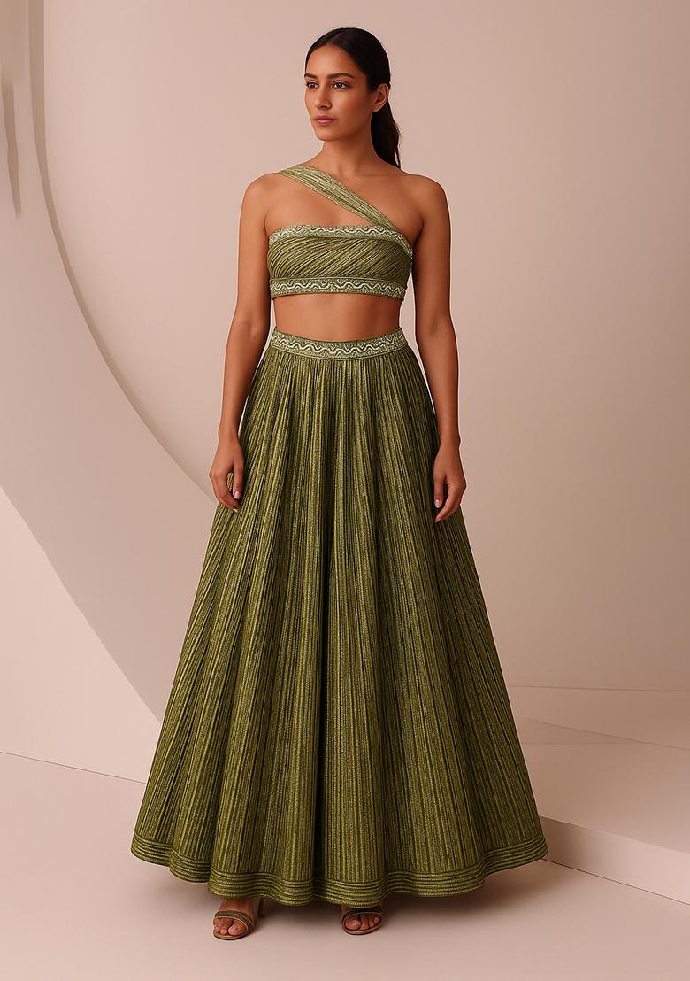 Green Foil Printed Knit Lehenga Set