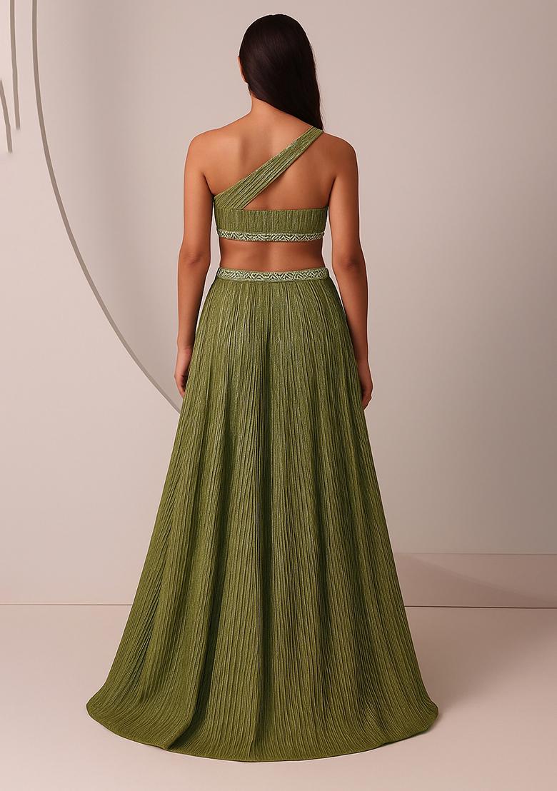 Green Foil Printed Knit Lehenga Set - Indya