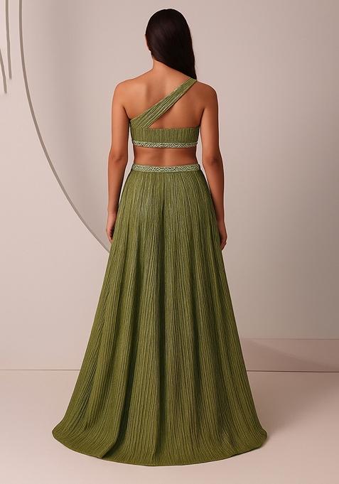 Green Foil Printed Knit Lehenga Set