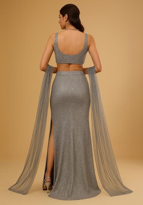 Grey Embellished Polyester Lehenga Set