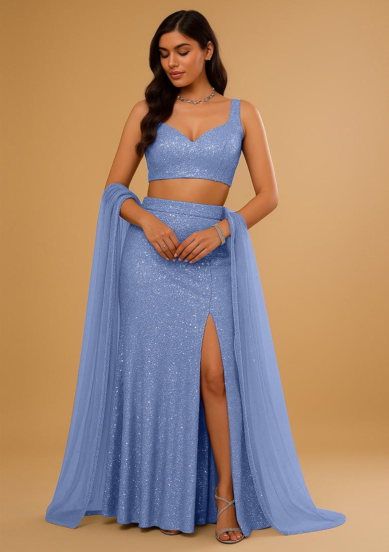 Blue Embellished Polyester Lehenga Set