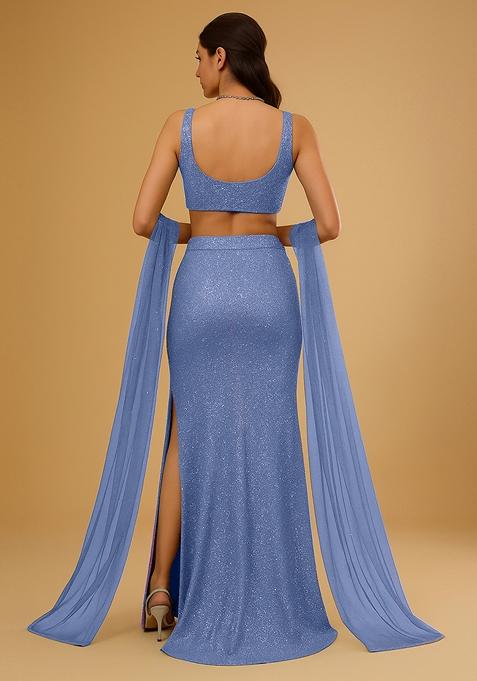 Blue Embellished Polyester Lehenga Set