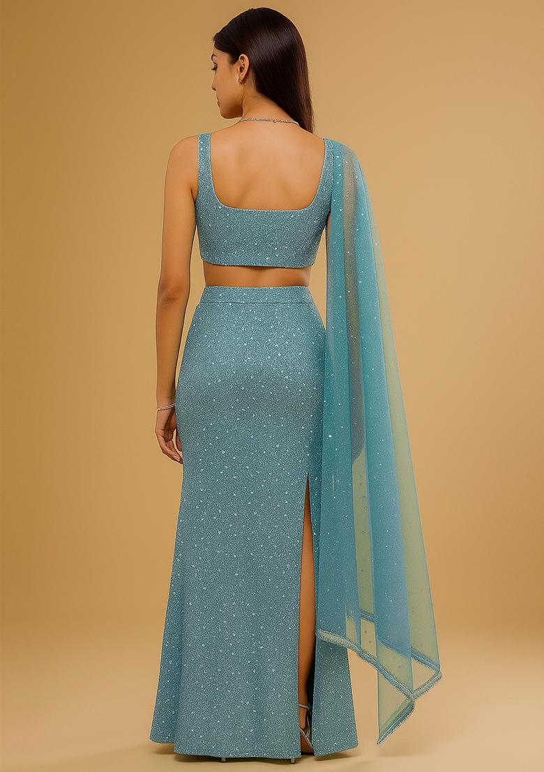 Green Embellished Polyester Lehenga Set - Indya