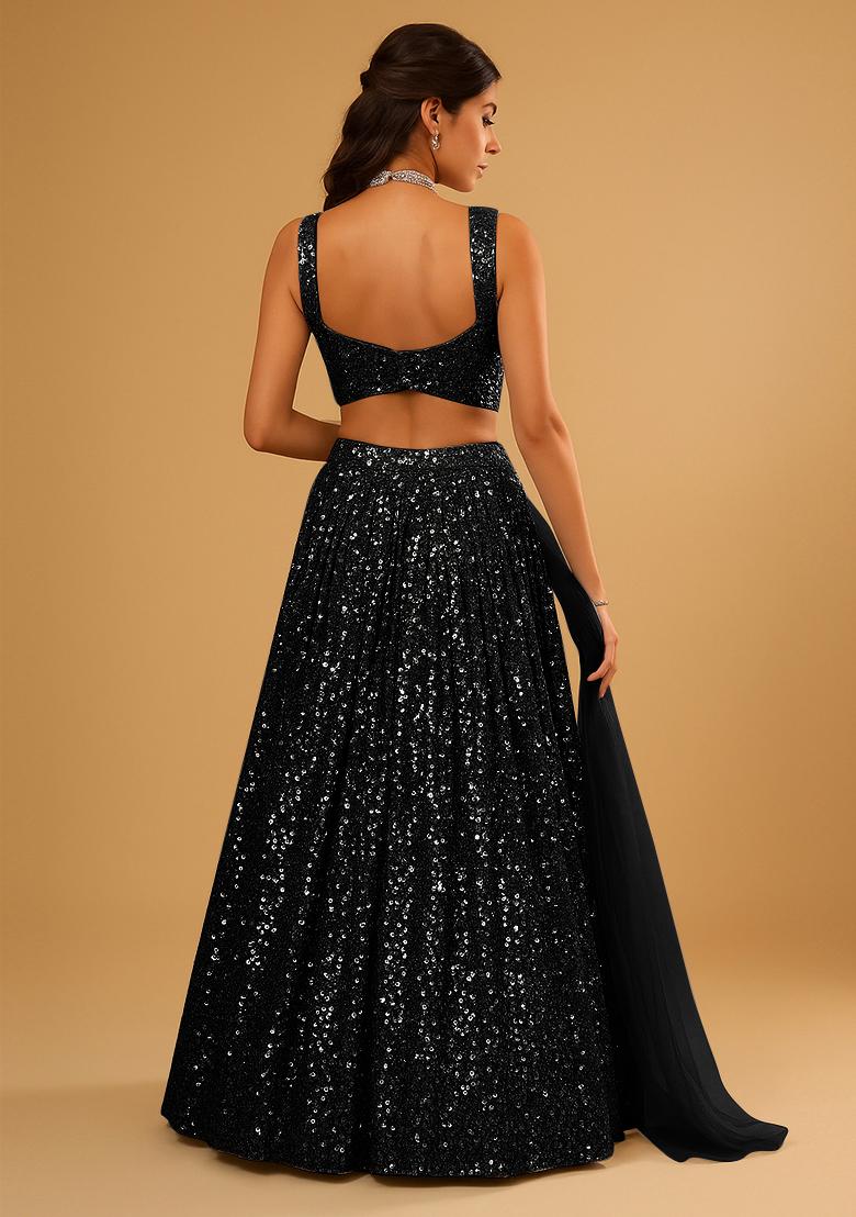 Black Embellished Net Lehenga Set - Indya