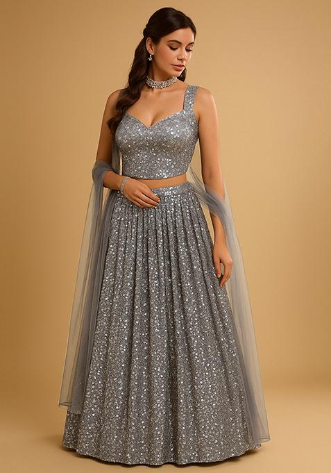 Grey Embellished Net Lehenga Set