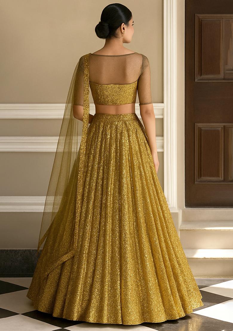 Golden Embellished Georgette Lehenga Set - Indya