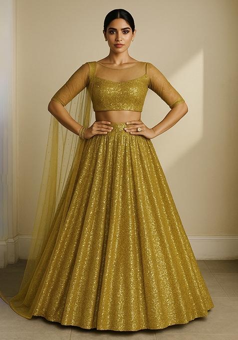 Golden Embellished Georgette Lehenga Set