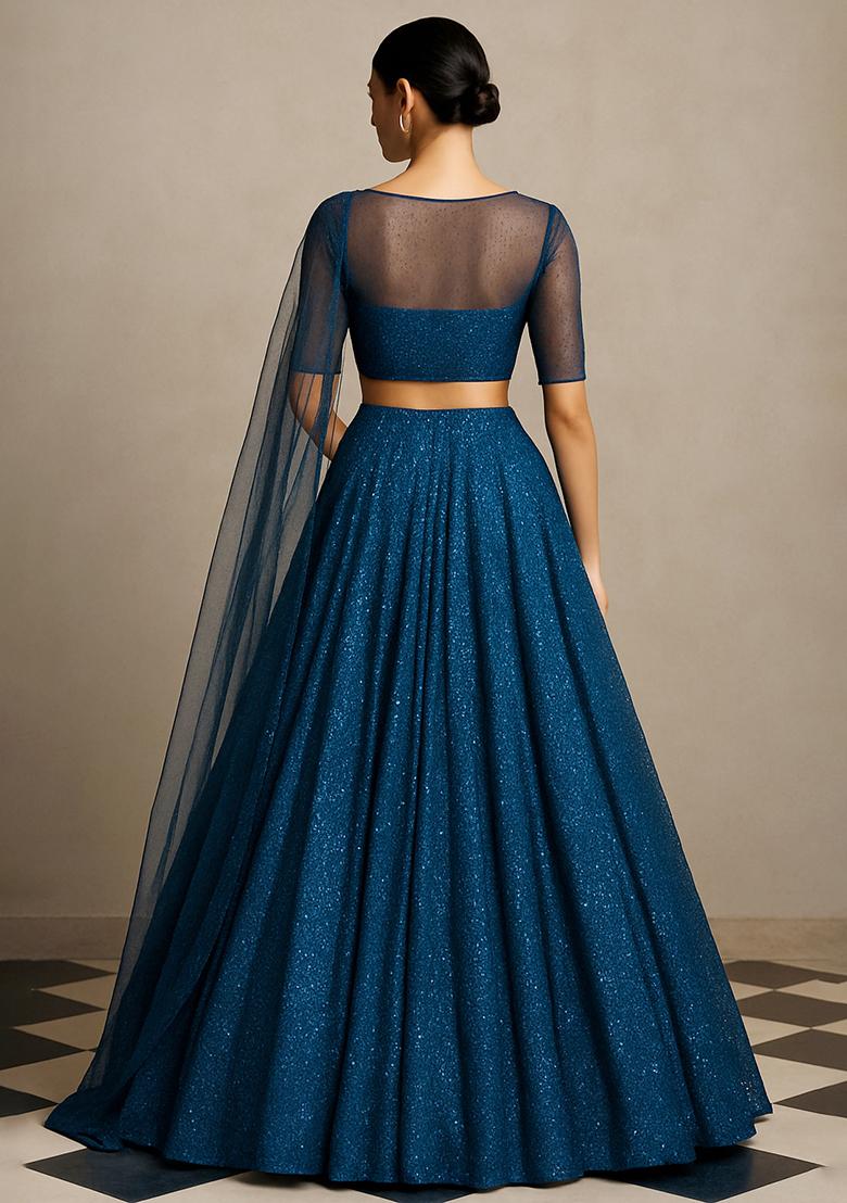 Blue Embellished Georgette Lehenga Set - Indya